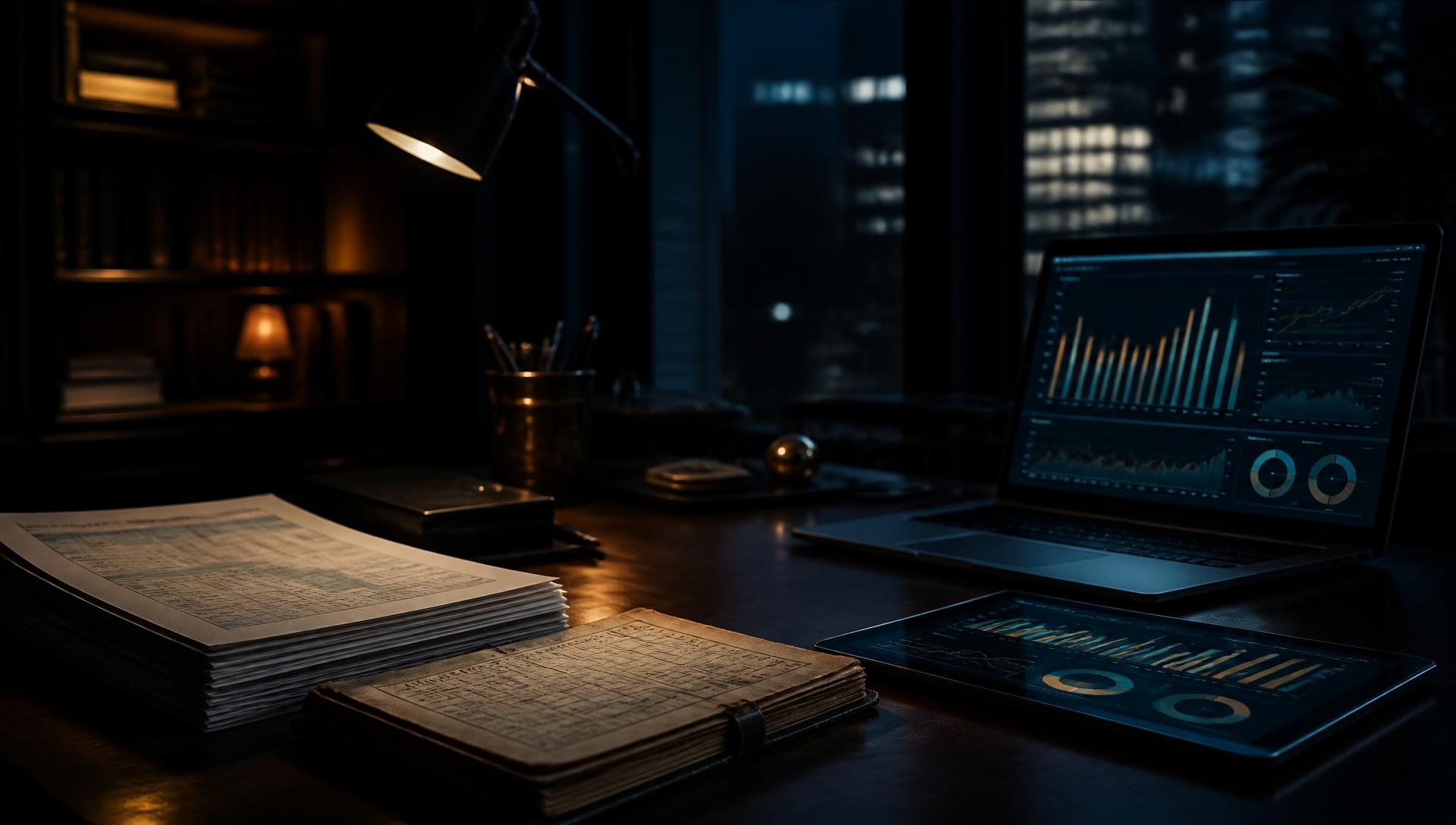 Desk at night with a stack of spreadsheet ledgers next to a laptop showing a financial dashboard